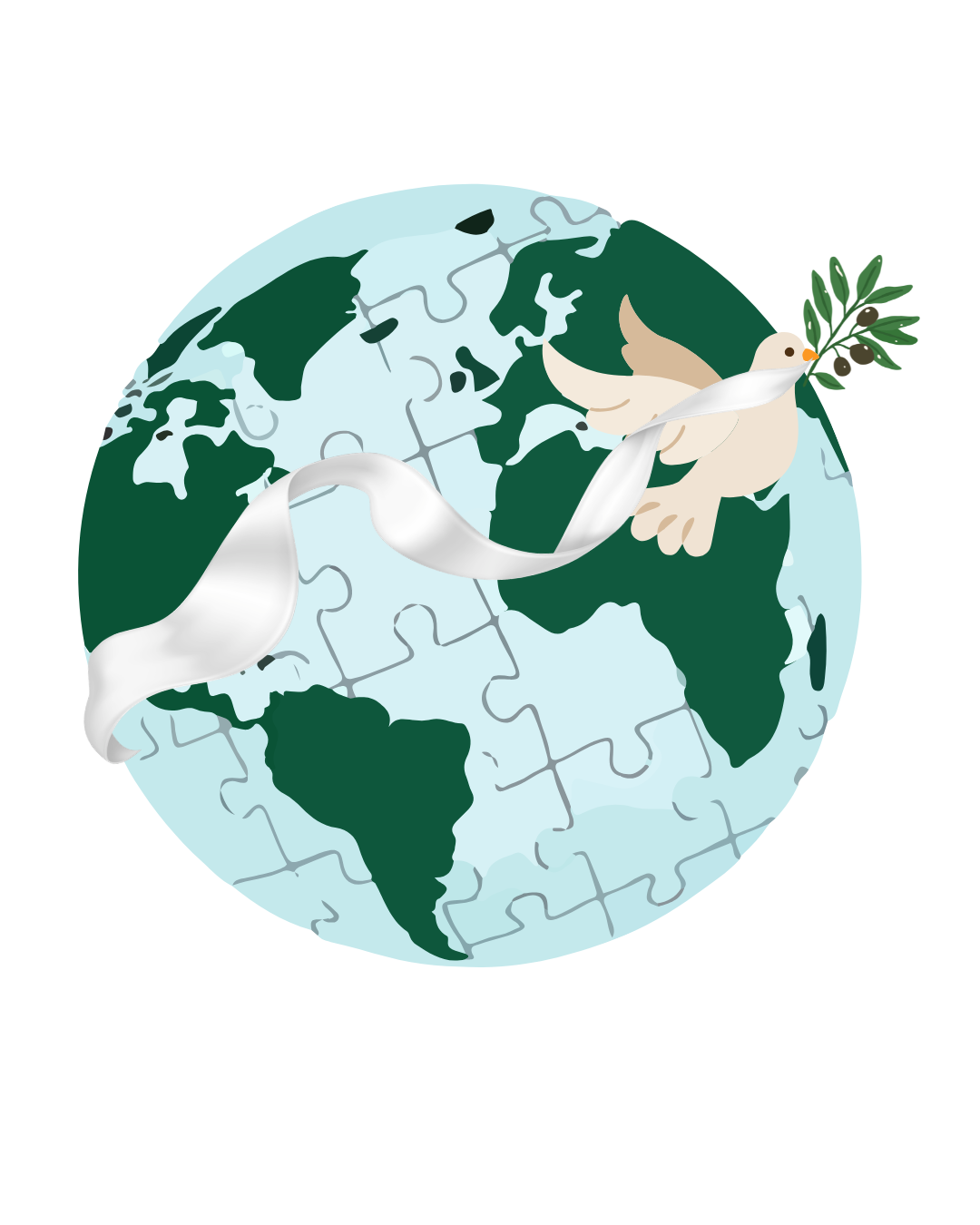 A dove carries an olive branch around a puzzle-piece globe, symbolizing global peace and unity.
