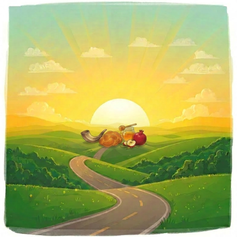 An AI generated image of a road winding into the sunset, with High Holiday symbols in the distance