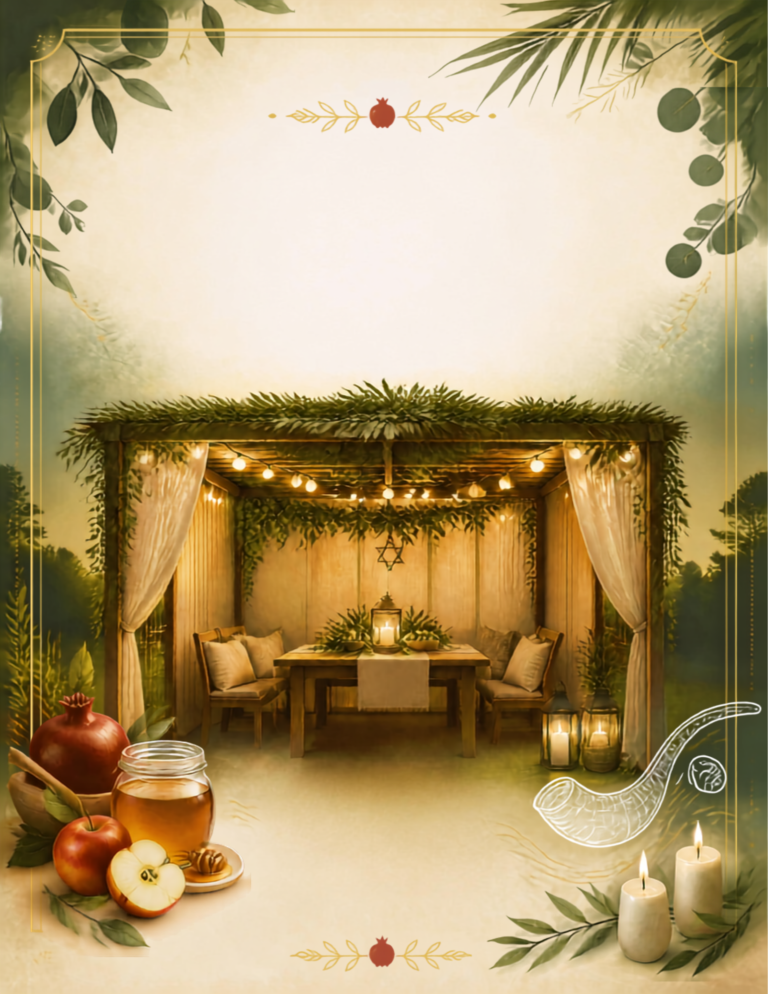 A sukkah with symbols of Rosh Hashanah and Yom Kippur in front of it