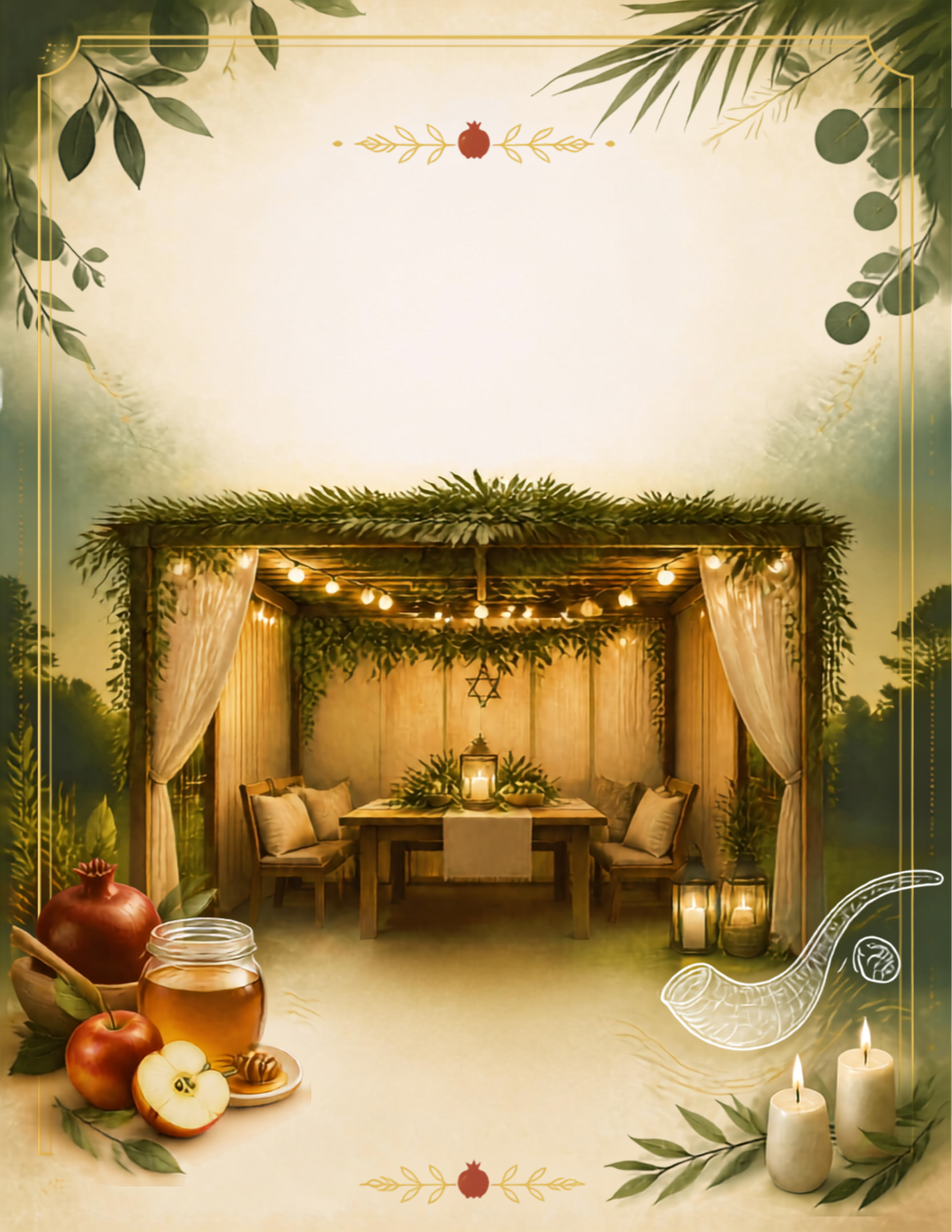 A sukkah with symbols of Rosh Hashanah and Yom Kippur in front of it